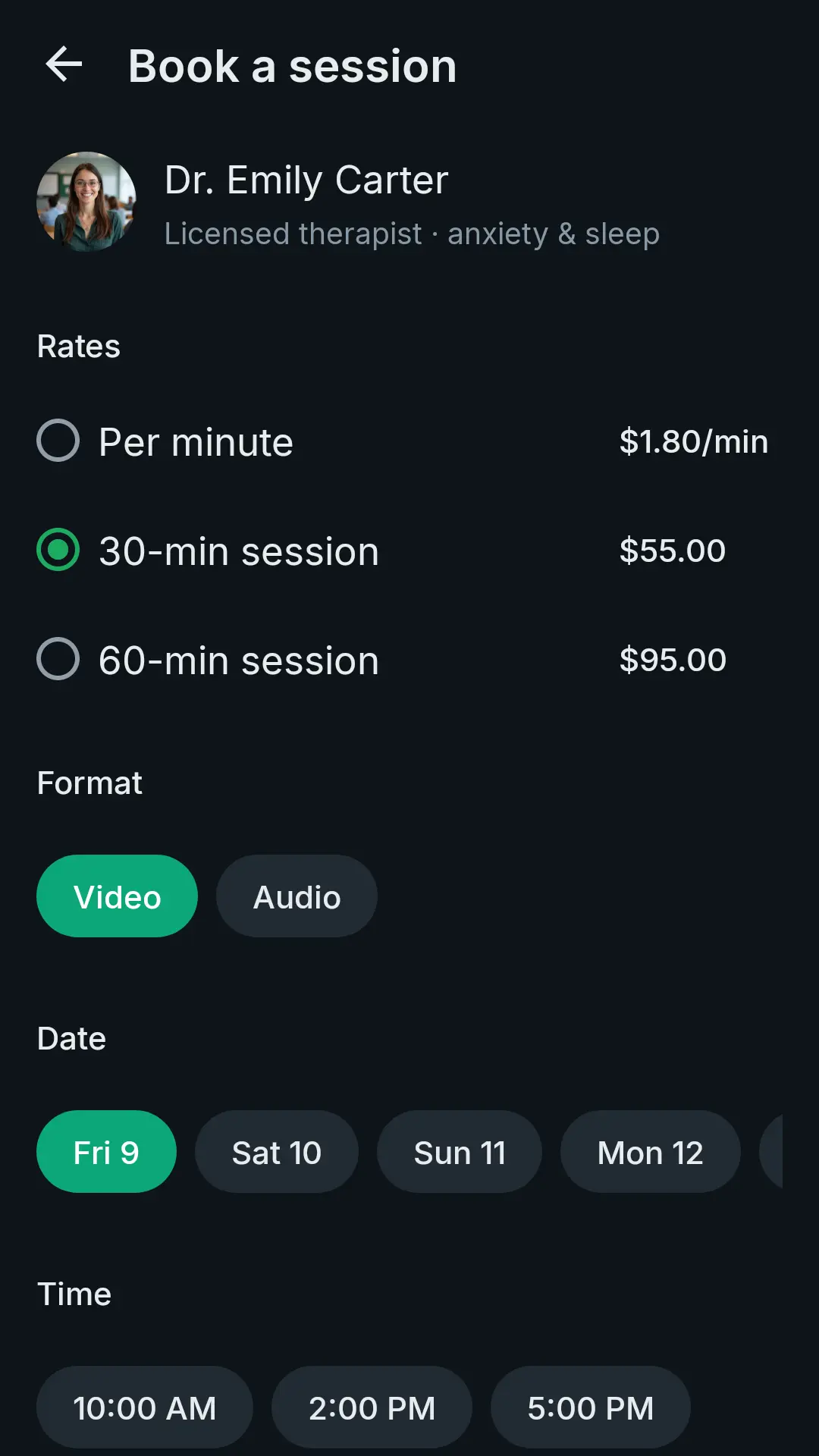 Booking screen: per-minute, 30-minute and 60-minute rates, video or audio, date and time