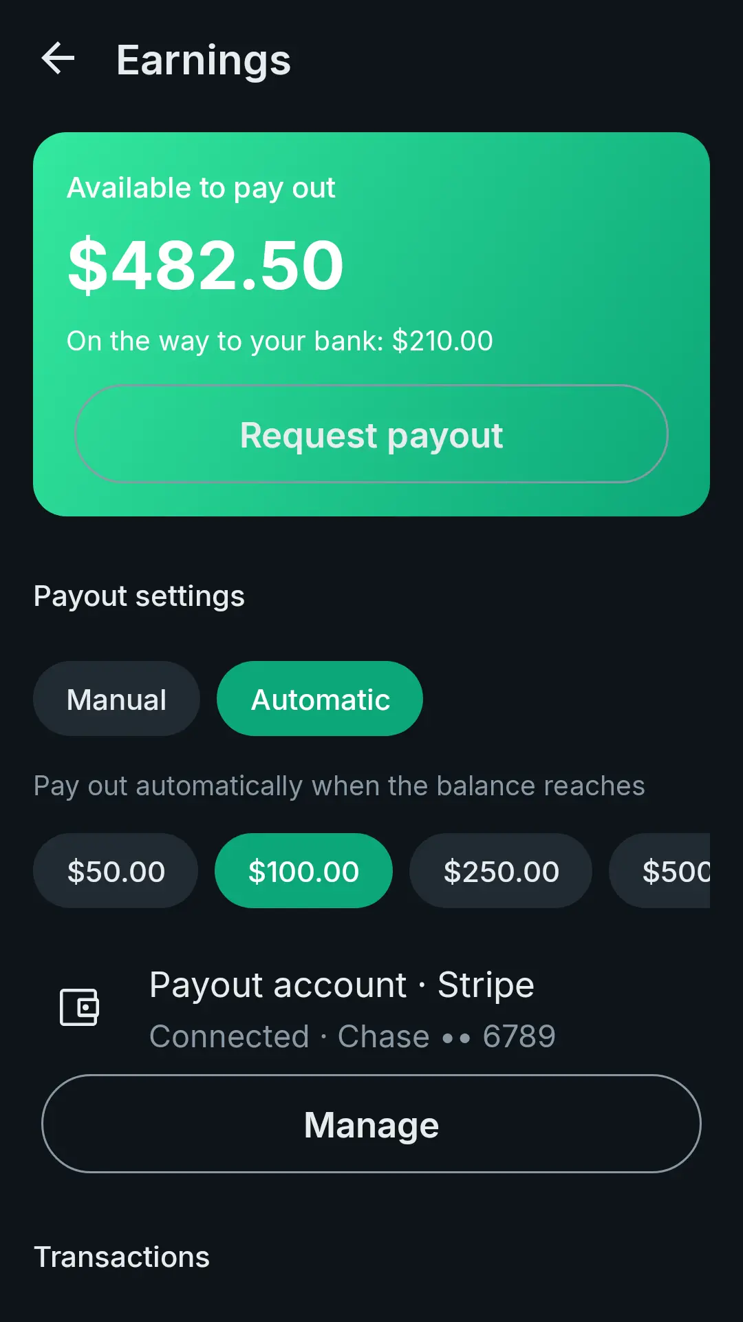 Expert earnings: amount available to pay out, payout settings and transactions
