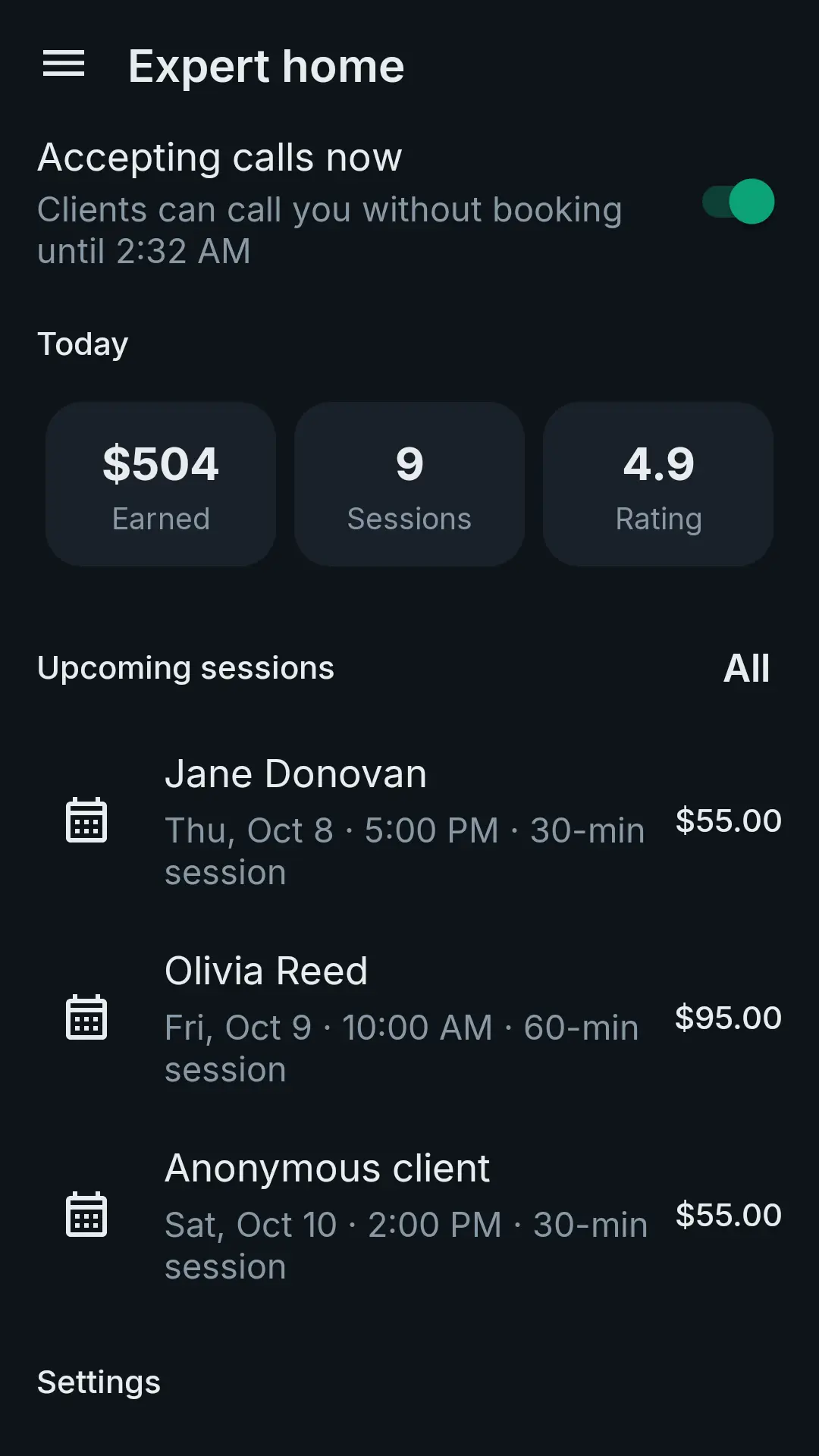 Expert home: accepting calls toggle, today’s earnings, sessions and rating, upcoming sessions