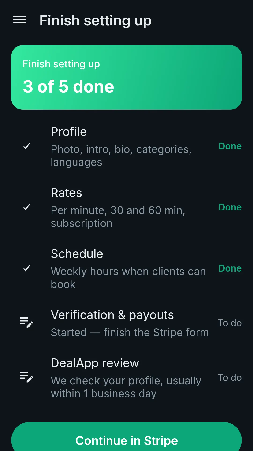 Expert setup checklist: profile, rates and schedule done; verification and review to do