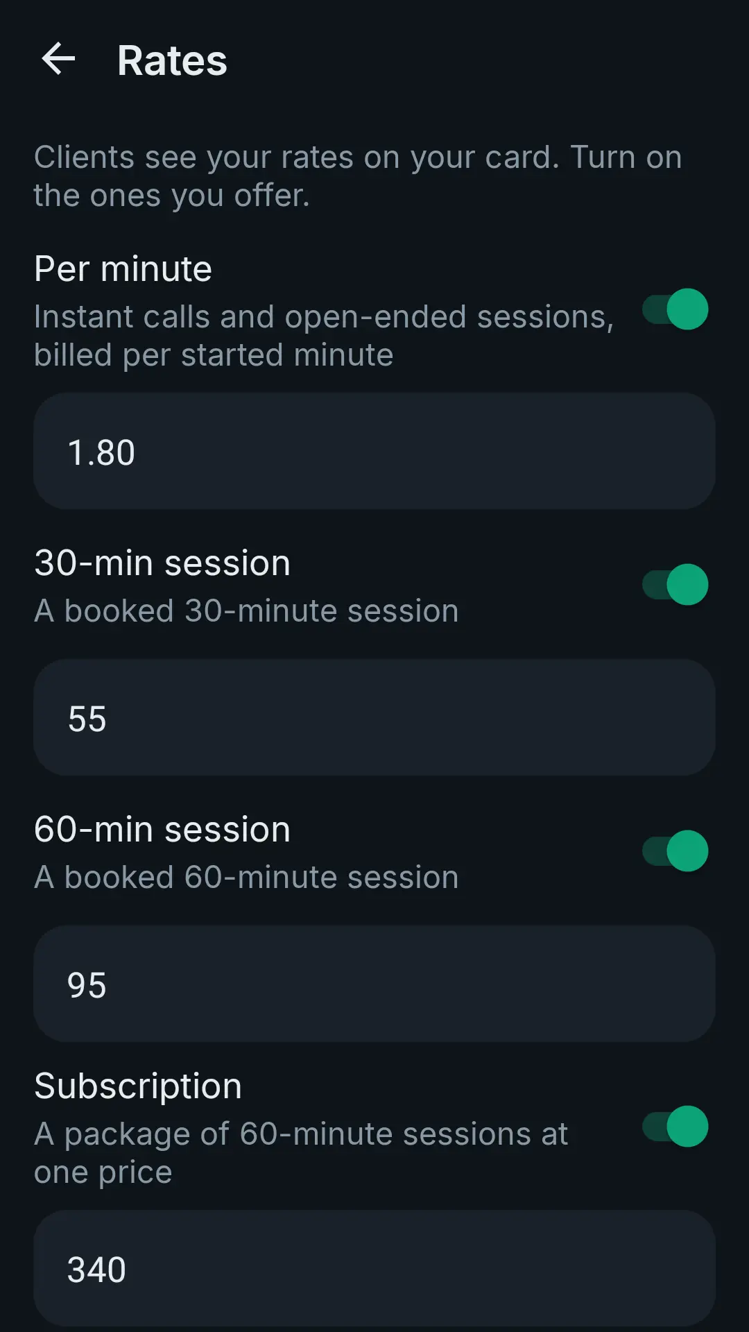 Rates screen: per-minute, 30-minute, 60-minute and subscription rates with on/off toggles