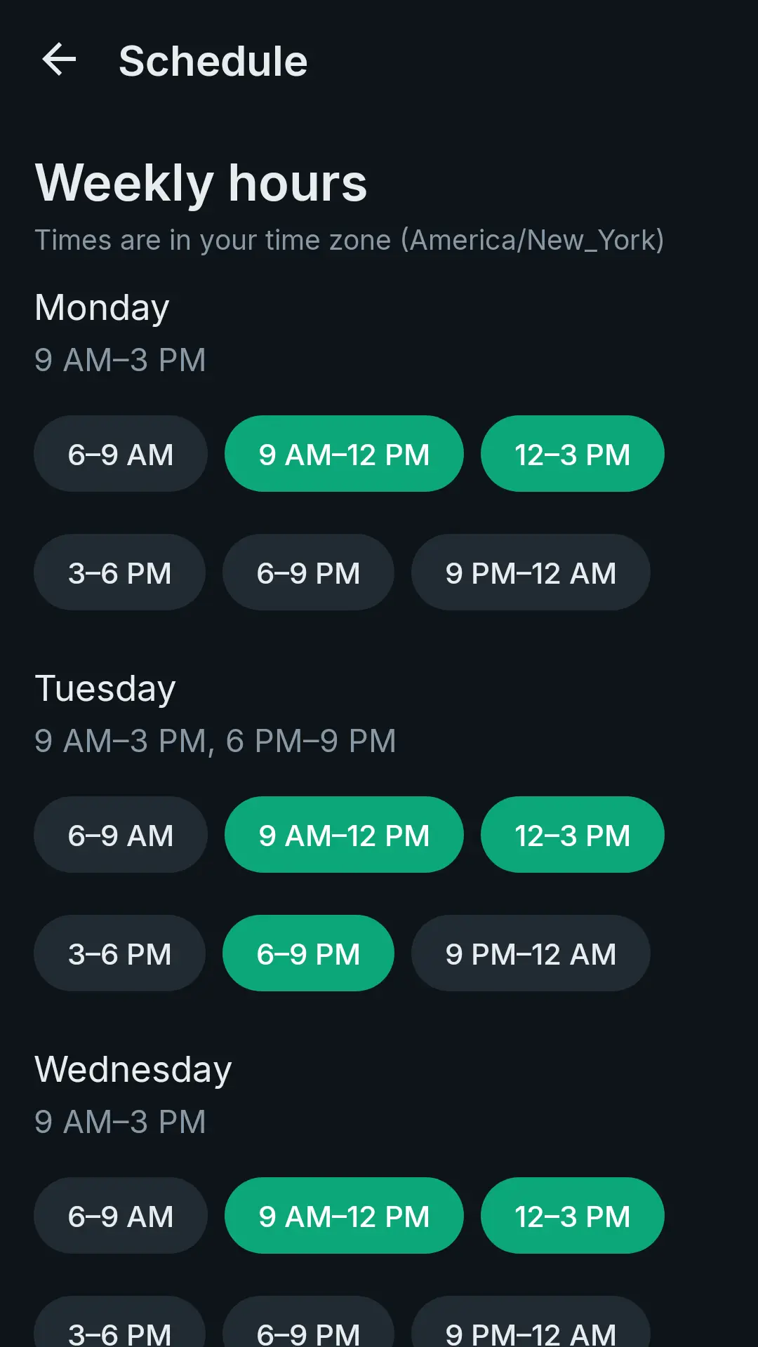 Weekly hours: time slots per day in the expert’s time zone