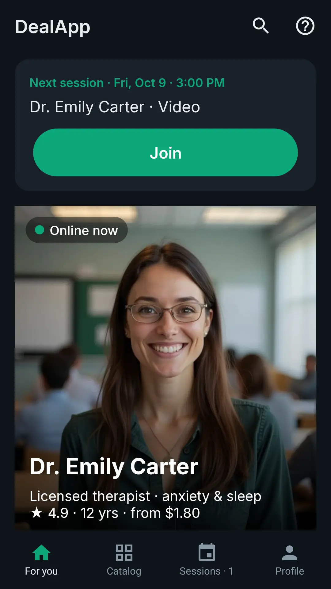 DealApp home: your next session with a Join button and experts online now