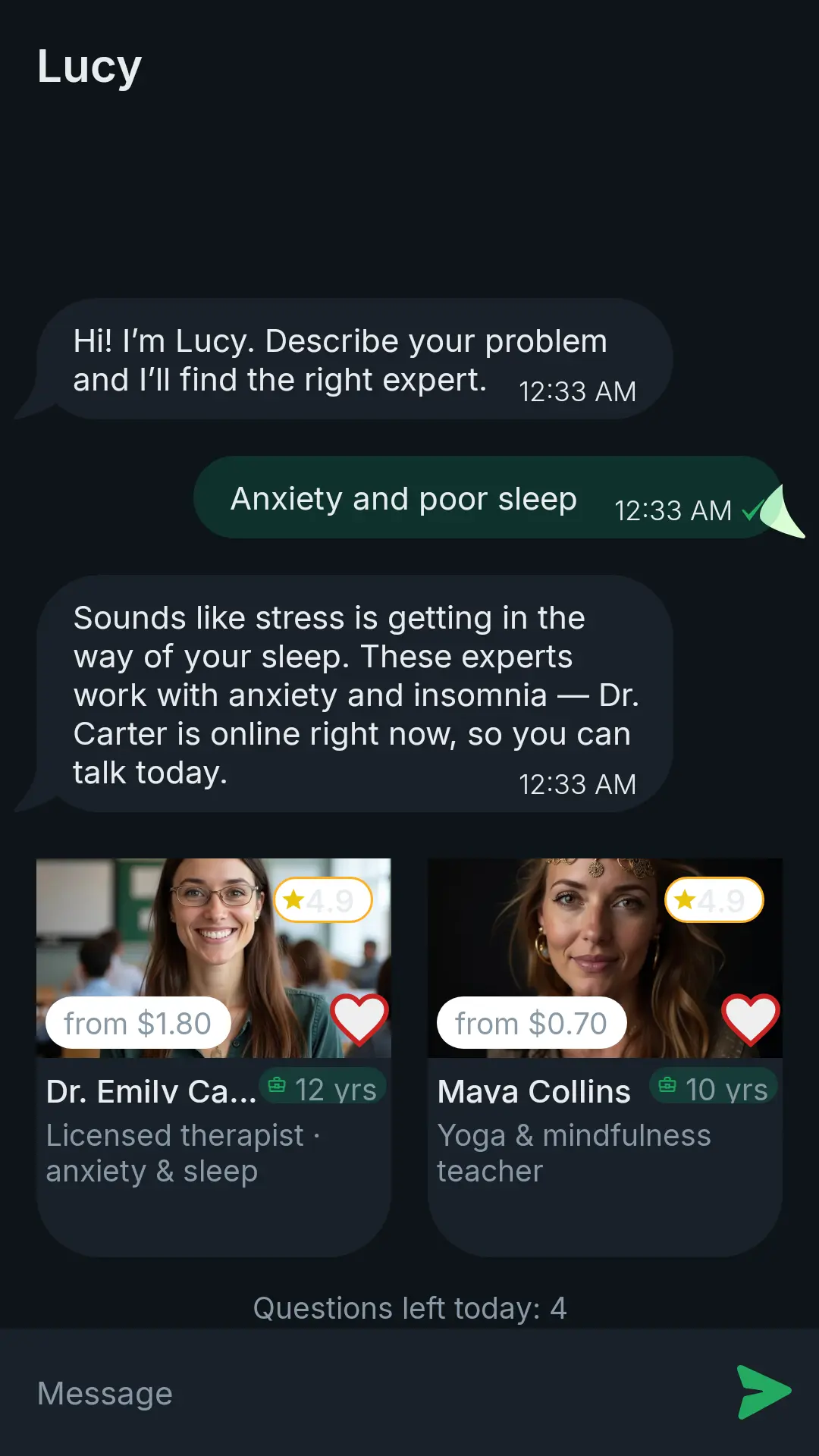 Chat with Lucy: the user describes anxiety and poor sleep, Lucy suggests experts who are online